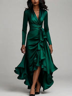 Camryn - Women's Long Sleeve Satin Wrap Dress with Ruffle Hem