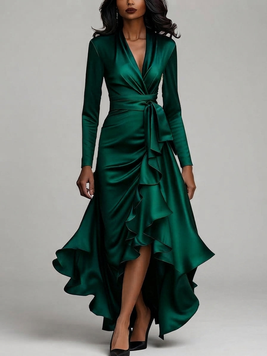 Camryn - Women's Long Sleeve Satin Wrap Dress with Ruffle Hem