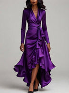 Camryn - Women's Long Sleeve Satin Wrap Dress with Ruffle Hem