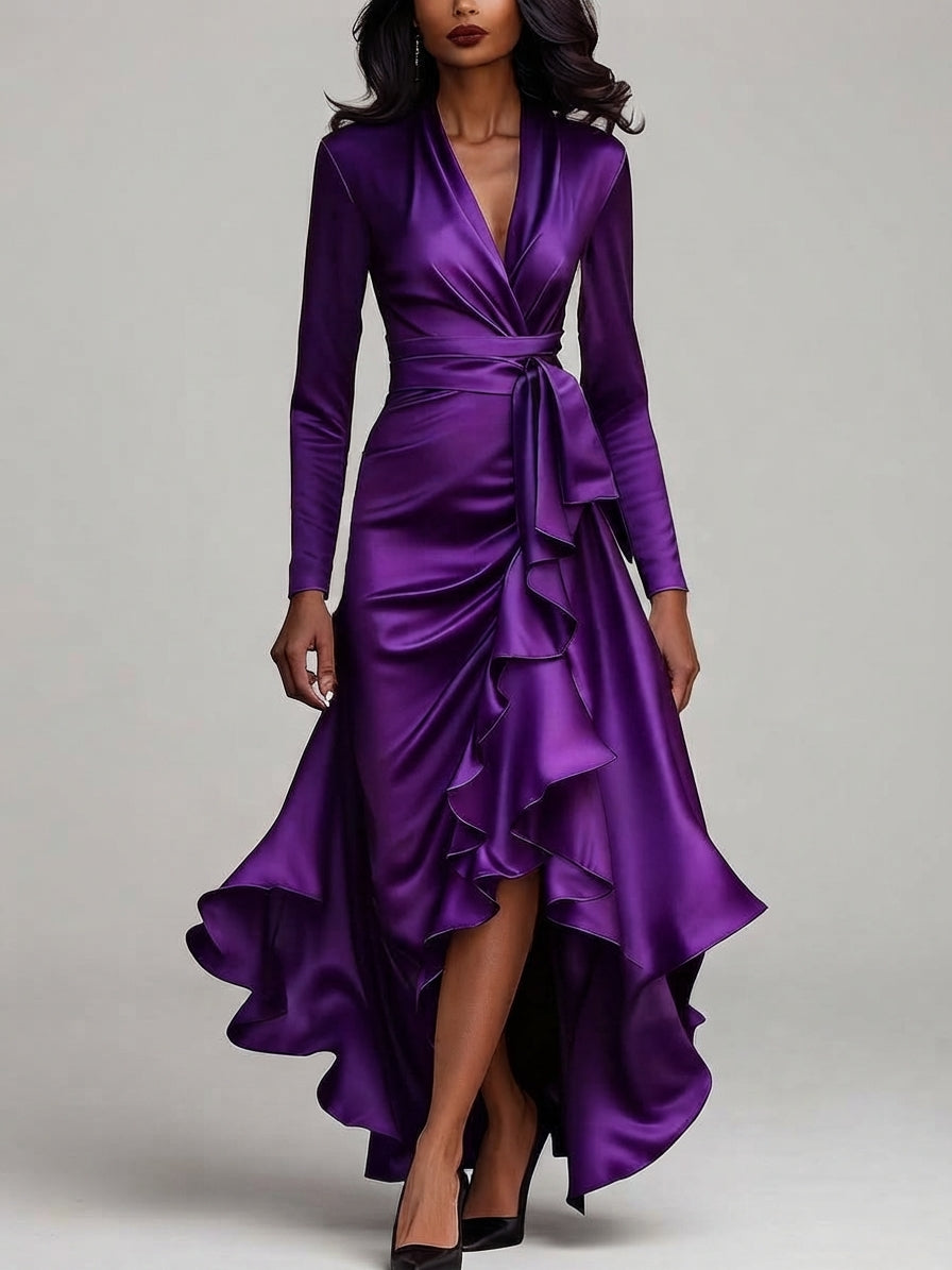 Camryn - Women's Long Sleeve Satin Wrap Dress with Ruffle Hem