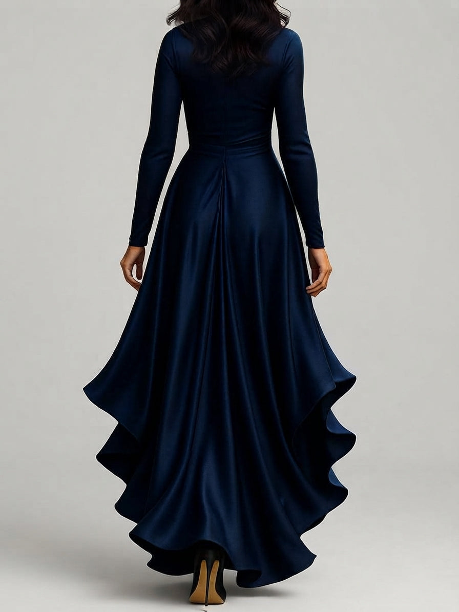 Camryn - Women's Long Sleeve Satin Wrap Dress with Ruffle Hem