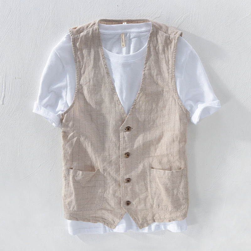 Carlos - Men's Linen Striped Button-Front Vest