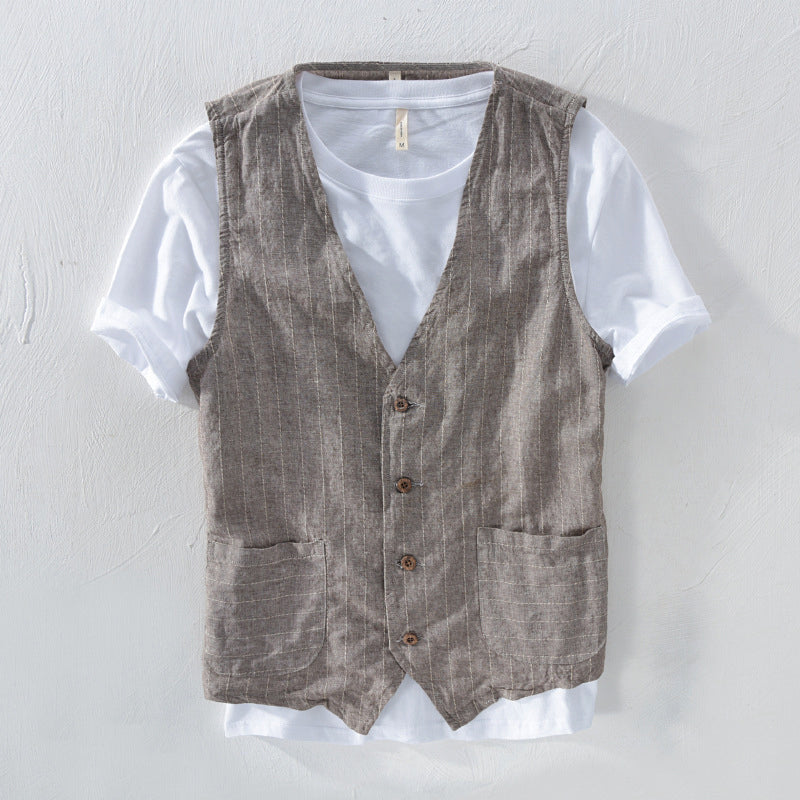Carlos - Men's Linen Striped Button-Front Vest