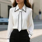 Carmelita - Women's Point Collar Blouse with Contrast Piping and Tie