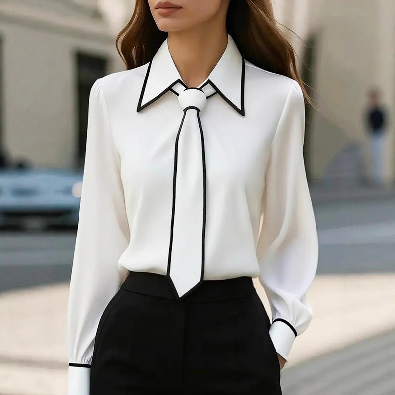Carmelita - Women's Point Collar Blouse with Contrast Piping and Tie