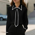 Carmelita - Women's Point Collar Blouse with Contrast Piping and Tie