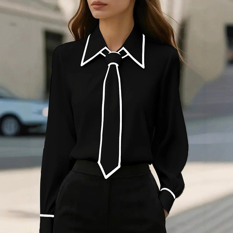 Carmelita - Women's Point Collar Blouse with Contrast Piping and Tie