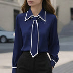 Carmelita - Women's Point Collar Blouse with Contrast Piping and Tie