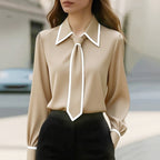 Carmelita - Women's Point Collar Blouse with Contrast Piping and Tie