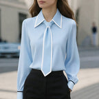 Carmelita - Women's Point Collar Blouse with Contrast Piping and Tie