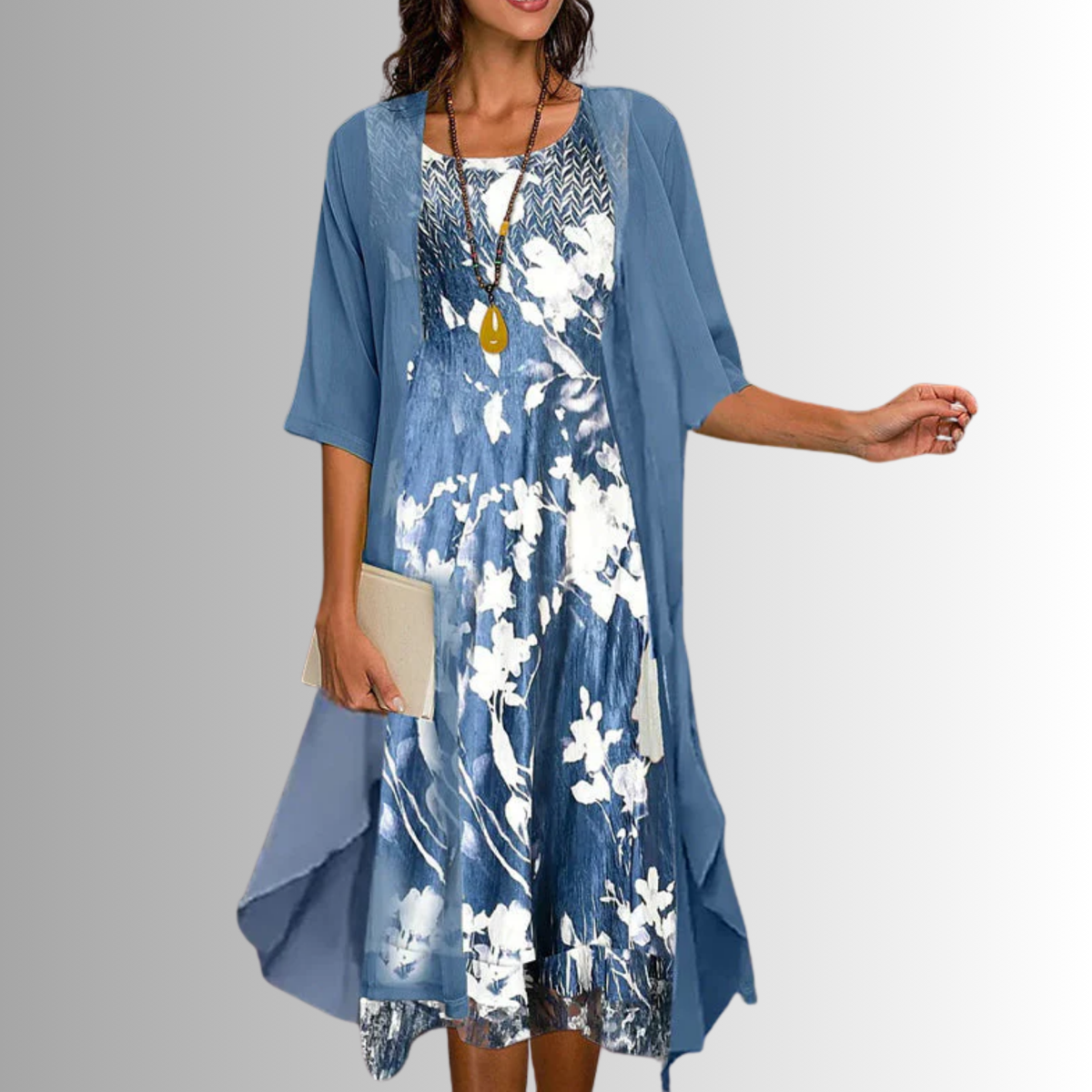 Caroline - Women's Floral Slip Dress with Sheer Open-Front Duster