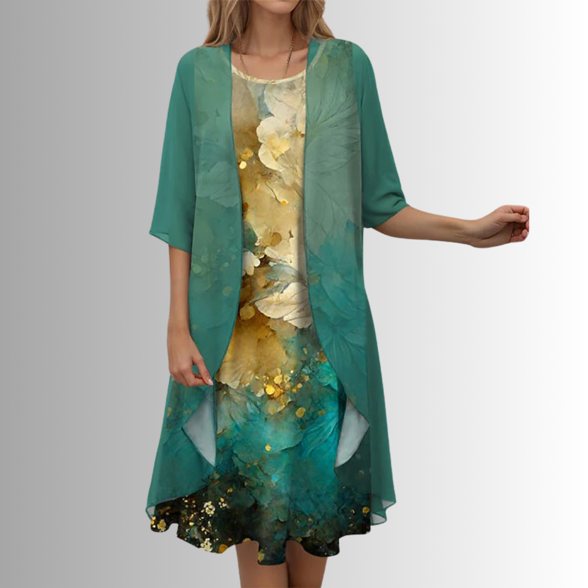 Caroline - Women's Floral Slip Dress with Sheer Open-Front Duster