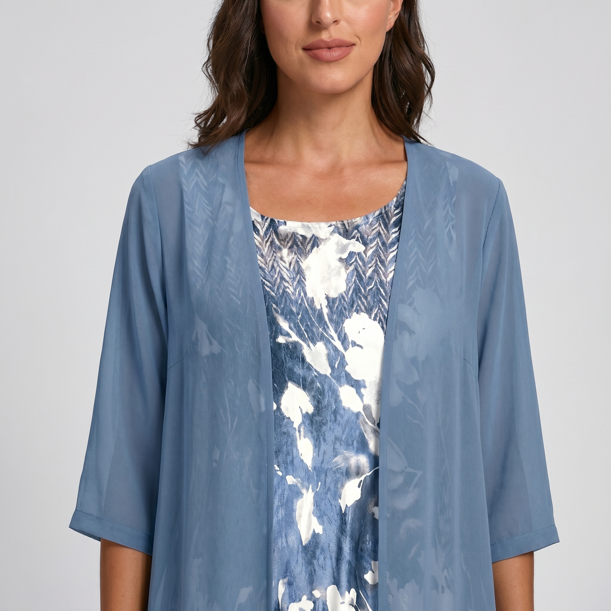 Caroline - Women's Floral Slip Dress with Sheer Open-Front Duster
