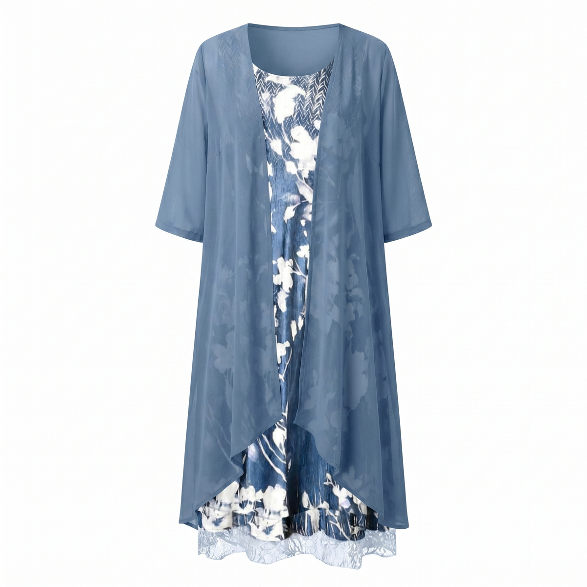Caroline - Women's Floral Slip Dress with Sheer Open-Front Duster
