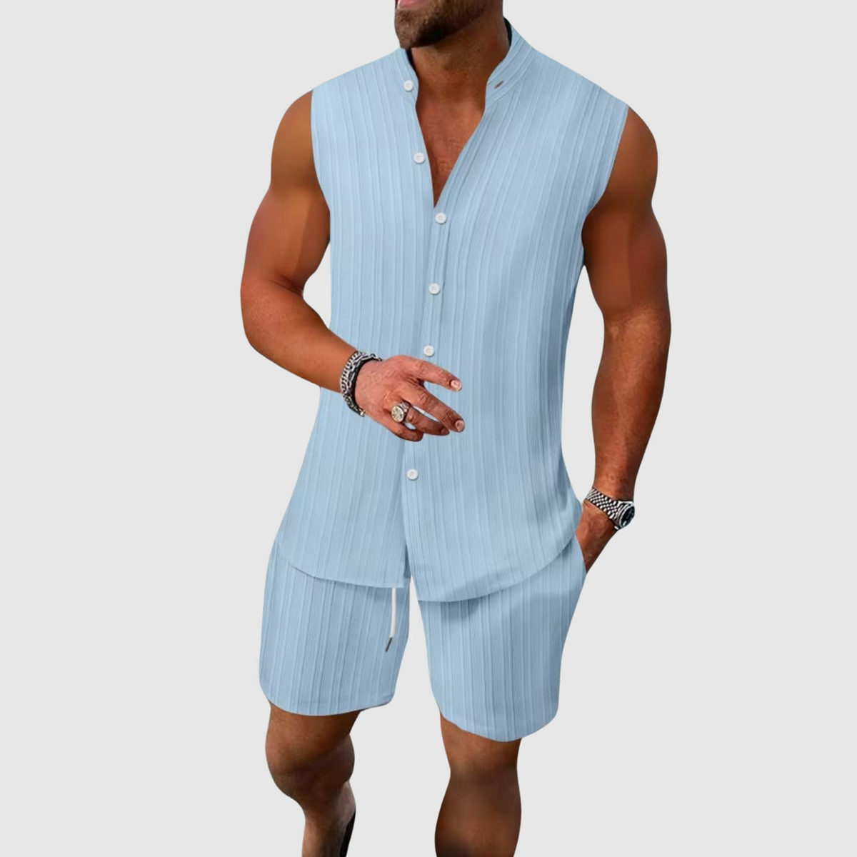 Carter - Men's Sleeveless Mandarin Collar Shirt & Shorts Set