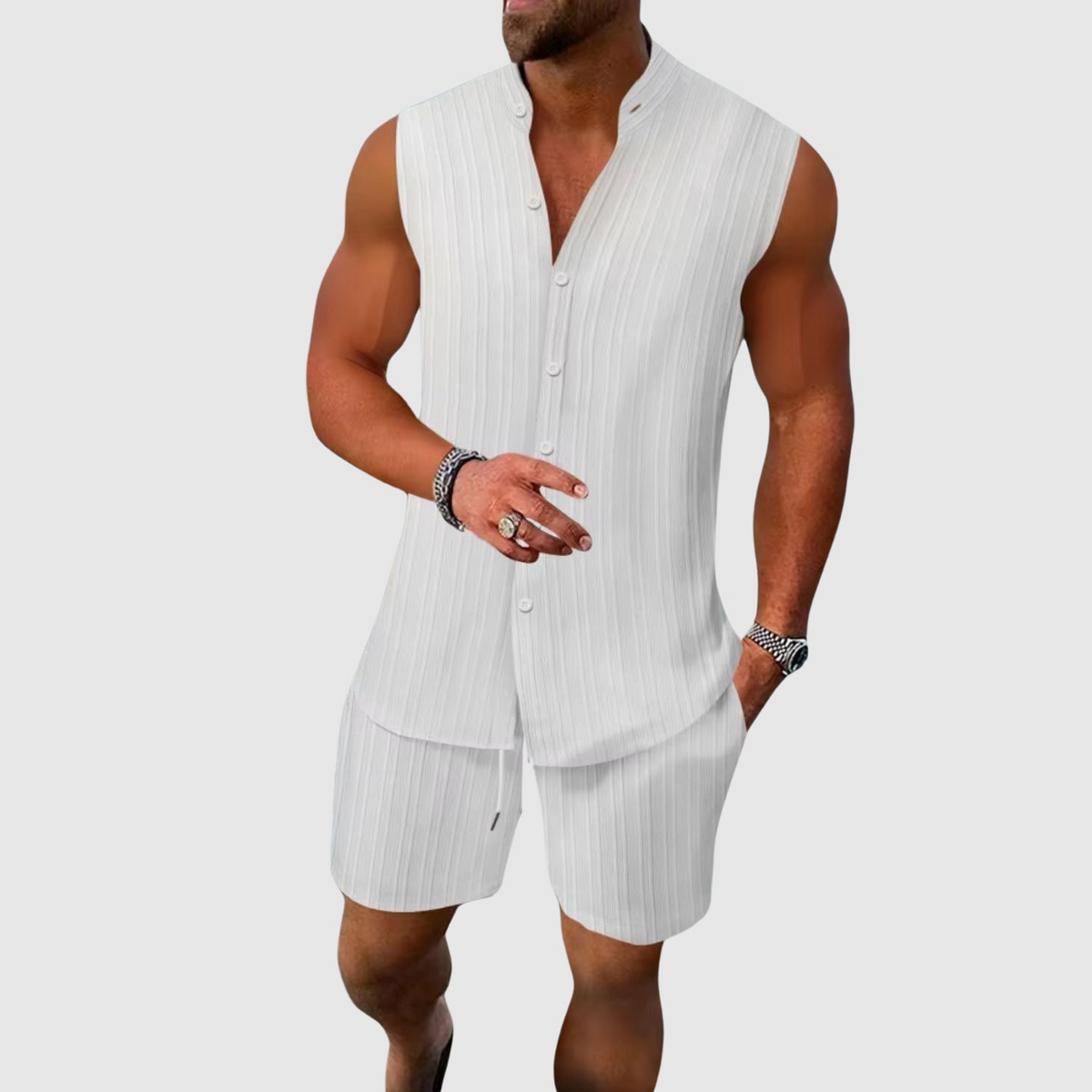 Carter - Men's Sleeveless Mandarin Collar Shirt & Shorts Set