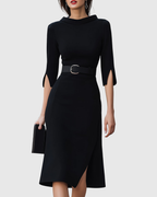 Cecelia - Women's Belted Mock-Neck with Asymmetric Hem