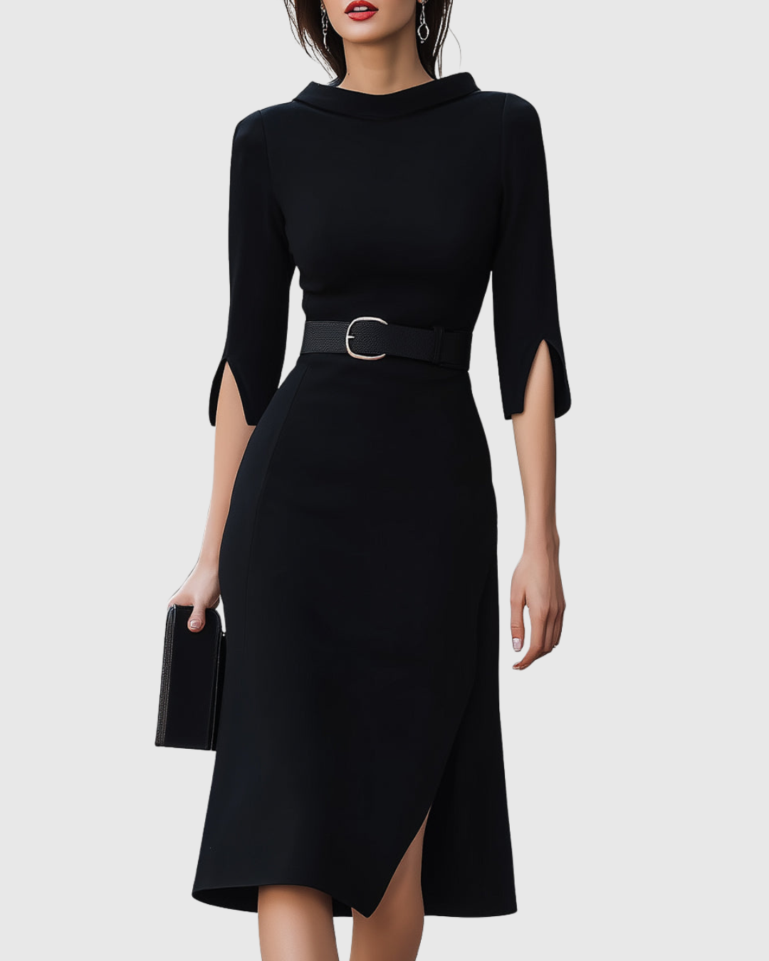 Cecelia - Women's Belted Mock-Neck with Asymmetric Hem