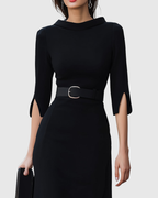 Cecelia - Women's Belted Mock-Neck with Asymmetric Hem
