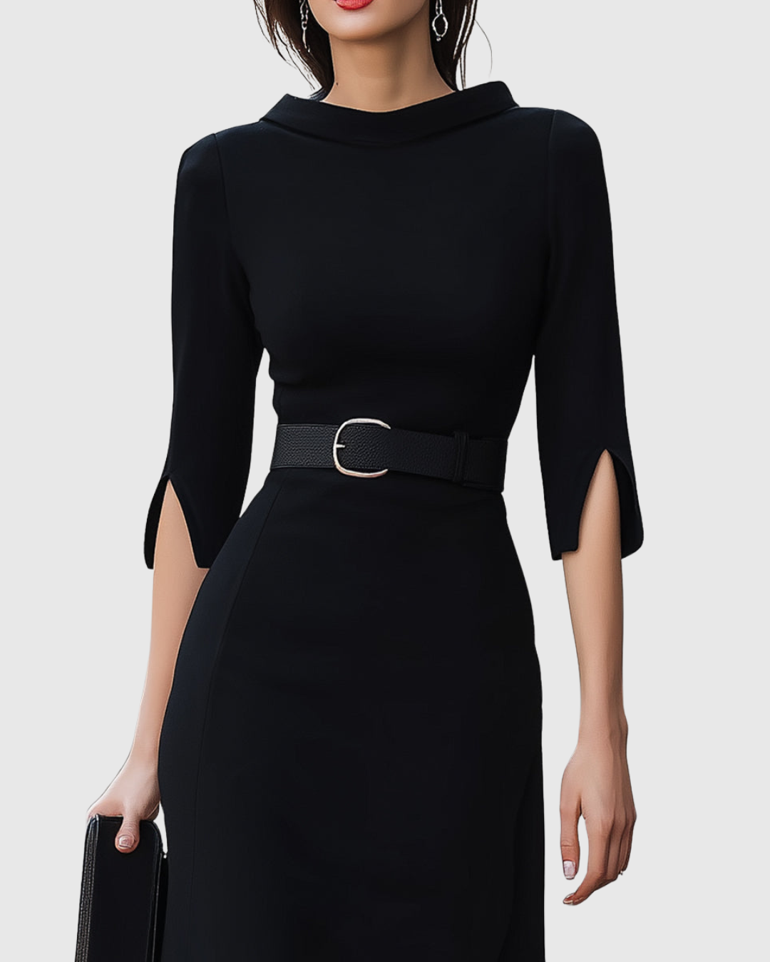 Cecelia - Women's Belted Mock-Neck with Asymmetric Hem