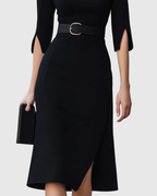 Cecelia - Women's Belted Mock-Neck with Asymmetric Hem