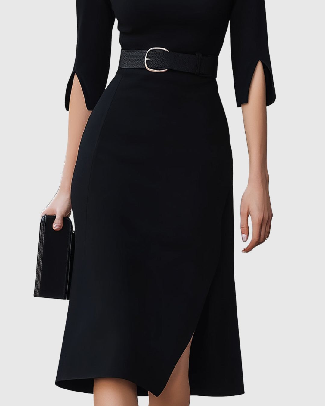 Cecelia - Women's Belted Mock-Neck with Asymmetric Hem