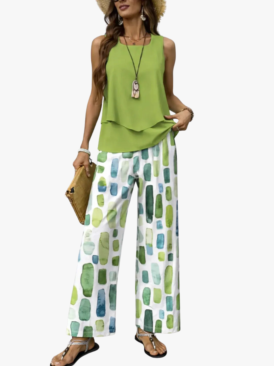 Celestine - Women's Layered Tank Top with Wide-Leg Pants Set