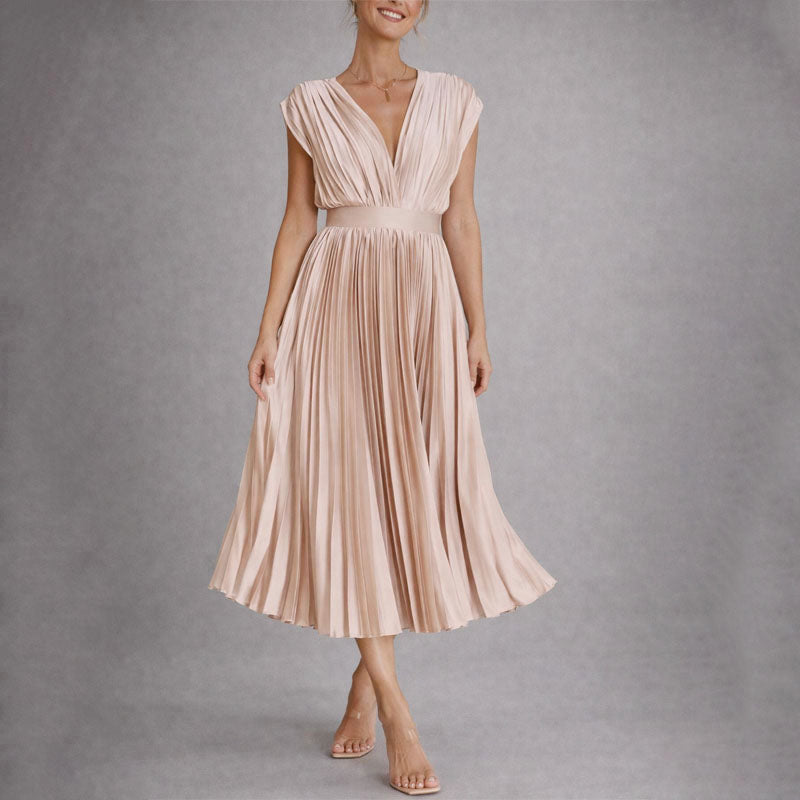 Colette - Women's Deep V-Neck Accordion-Pleated Dress