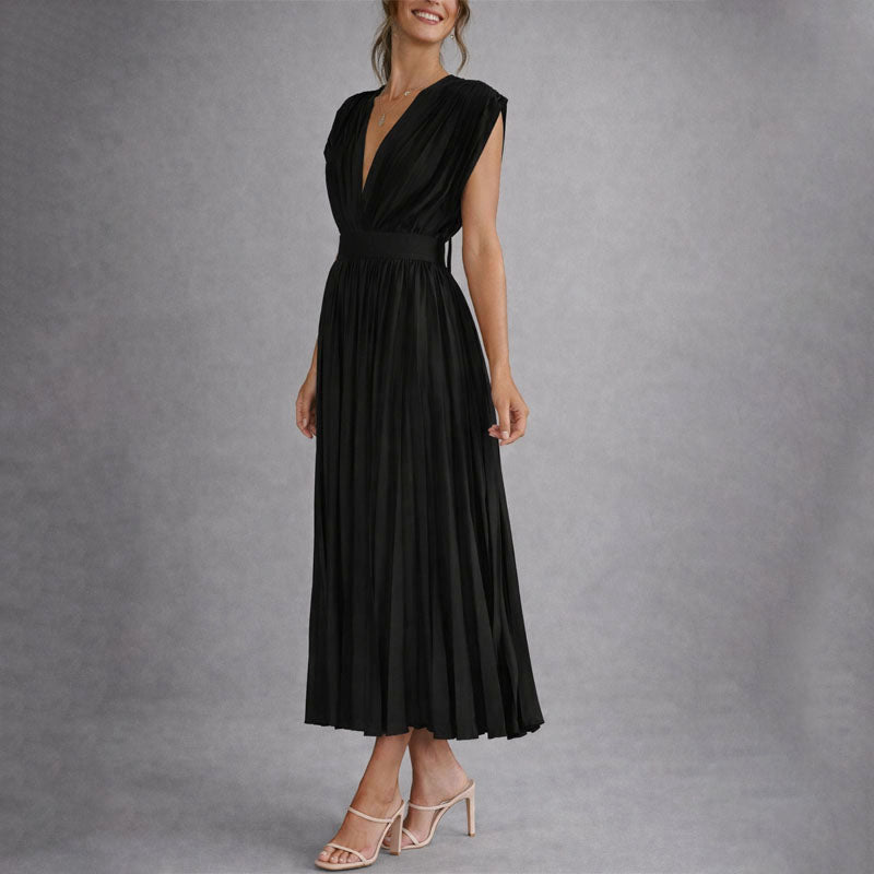 Colette - Women's Deep V-Neck Accordion-Pleated Dress