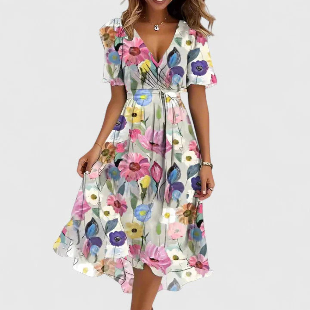 Cressida - Women's Floral Wrap V-Neck Flowing Dress