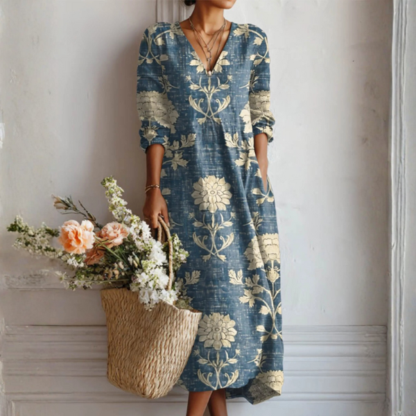 Daniela - Women's Floral V-Neck Linen Dress