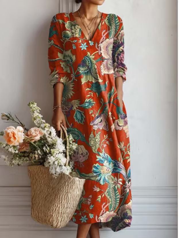 Daniela - Women's Floral V-Neck Linen Dress