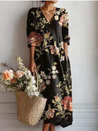 Daniela - Women's Floral V-Neck Linen Dress