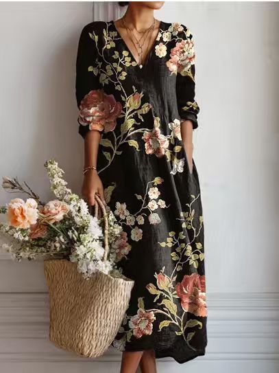 Daniela - Women's Floral V-Neck Linen Dress