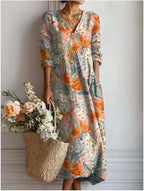 Daniela - Women's Floral V-Neck Linen Dress