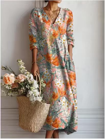 Daniela - Women's Floral V-Neck Linen Dress