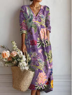 Daniela - Women's Floral V-Neck Linen Dress