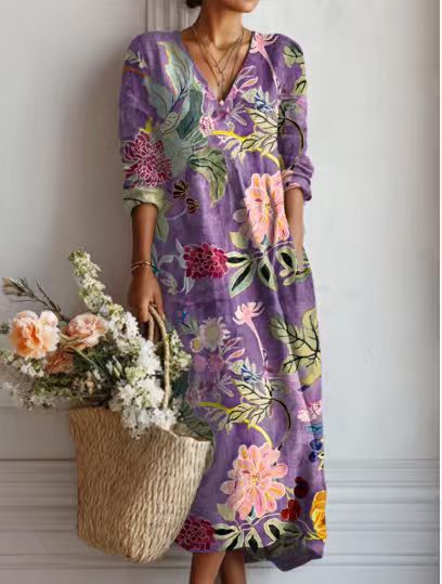 Daniela - Women's Floral V-Neck Linen Dress