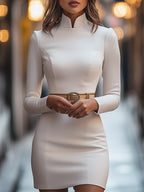 Danna - Women's Mandarin Collar Sheath Dress with Buckle Belt