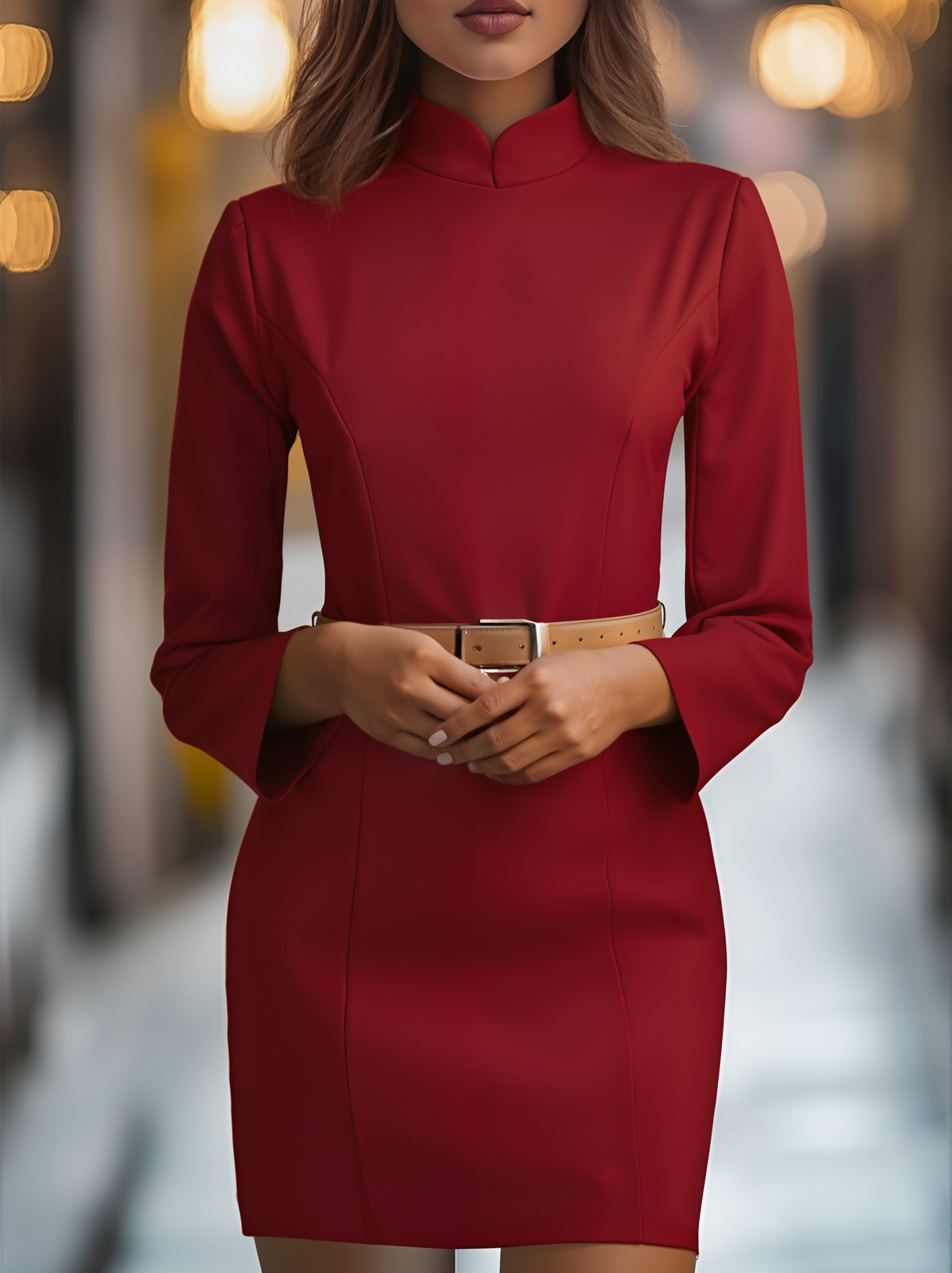 Danna - Women's Mandarin Collar Sheath Dress with Buckle Belt