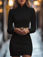 Danna - Women's Mandarin Collar Sheath Dress with Buckle Belt