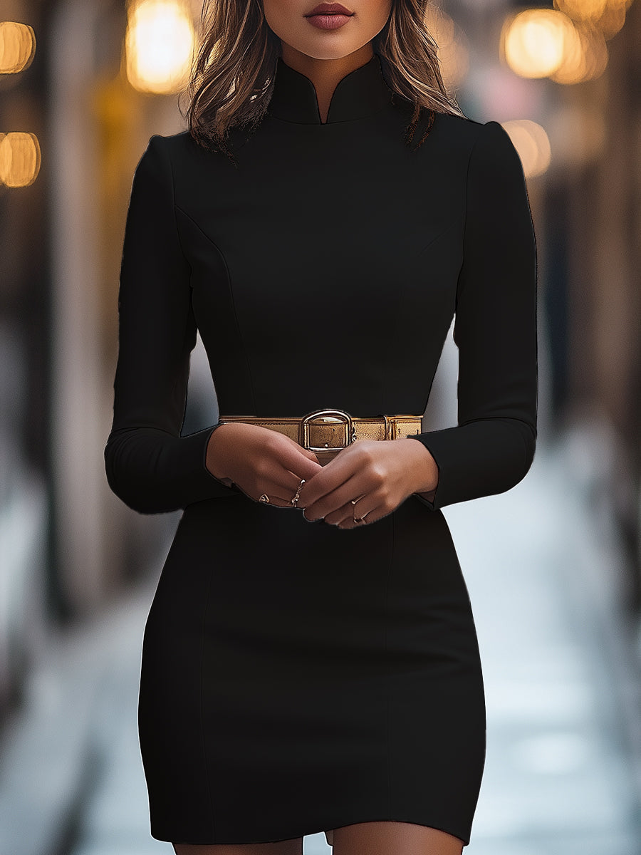 Danna - Women's Mandarin Collar Sheath Dress with Buckle Belt