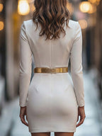 Danna - Women's Mandarin Collar Sheath Dress with Buckle Belt