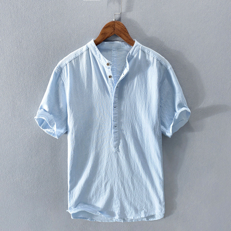 Declan - Men's Mandarin Collar Button-Front Linen Shirt