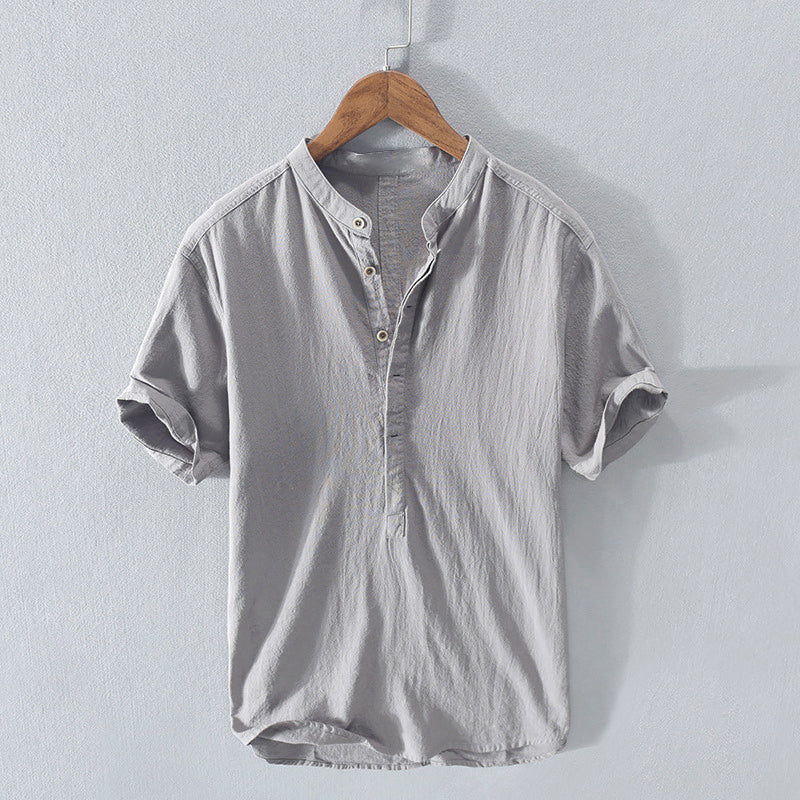 Declan - Men's Mandarin Collar Button-Front Linen Shirt