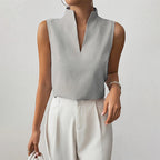 Delilah - Women's Sleeveless Striped Stand-Collar V-Neck Blouse