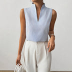 Delilah - Women's Sleeveless Striped Stand-Collar V-Neck Blouse