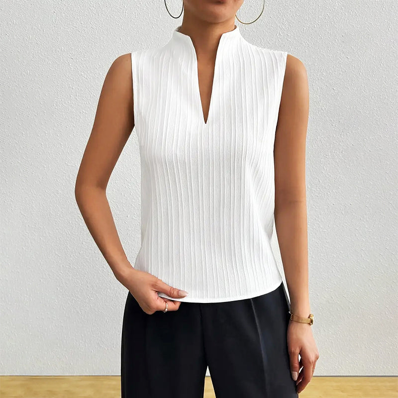 Delilah - Women's Sleeveless Striped Stand-Collar V-Neck Blouse