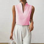 Delilah - Women's Sleeveless Striped Stand-Collar V-Neck Blouse