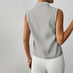Delilah - Women's Sleeveless Striped Stand-Collar V-Neck Blouse